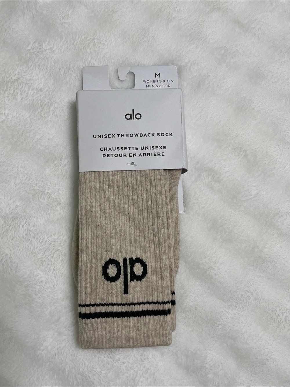 ALO Unisex Throwback Socks in Oatmeal Heather and Charcoal Green Trim